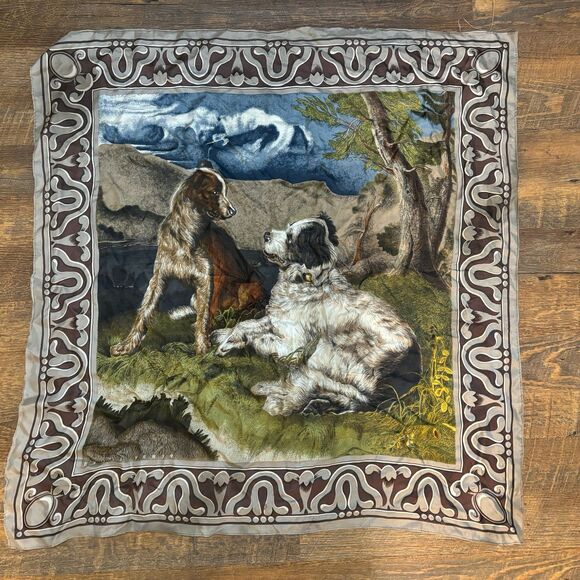 Vintage 1990s Perry Ellis Hunting Dogs Silk Scarf with Border and Hand Rolle - Picture 1 of 8